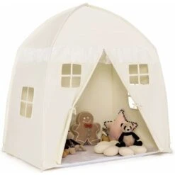 DREAMADE Tente Château Enfants Avec Fenêtres Ventilées ,Cabane Bébé Portable De Jeu Avec Tapis Antidérapant Intérieur Et Extérieur,Sac De Transport, De 3 Ans+ (Beige)