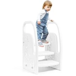 Marche Pieds Pour Enfant 3 Marches, Hauteurs Réglables, Avec Accoudoirs, Surface Anti-Dérapante, Escabeau Enfant Pour Toilette, Chambre D'enfant, Salle De Bain, Cuisine (Blanc)