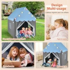 COSTWAY Tente De Jeux Pour Enfants, Cabane Enfant Avec Tapis Lavable, Tente Enfant Interieur Avec Lumières Étoiles, Facile à Assembler, Pour Garçons Et Filles, 105 X 121 X 136 Cm-Bleu -ATMOSPHERA || Songmics Soldes Boutique 77281359 3