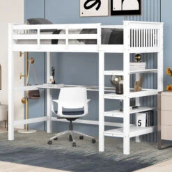 Lit Mezzanine 90x200 Avec Bureau Et étagère De Rangement, Lit Enfant En Bois, Blanc