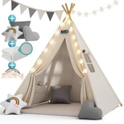 Spielwerk Tipi Enfant Avec Tapis Tente De Jeu Enfants Guirlande Lumineuse Tapis De Jeu 3 Coussins Coton Sac De Transport Chambre D'enfant Tipi 120x120x160cm Blanc