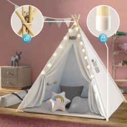 Spielwerk Tipi Enfant Avec Tapis Tente De Jeu Enfants Guirlande Lumineuse Tapis De Jeu 3 Coussins Coton Sac De Transport Chambre D'enfant Tipi 120x120x160cm Blanc -ATMOSPHERA || Songmics Soldes Boutique 79328478 3