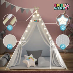 Spielwerk Tipi Enfant Avec Tapis Tente De Jeu Enfants Guirlande Lumineuse Tapis De Jeu 3 Coussins Coton Sac De Transport Chambre D'enfant Tipi 120x120x160cm Blanc -ATMOSPHERA || Songmics Soldes Boutique 79328478 5