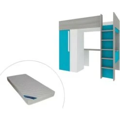 Lit Mezzanine 90 X 200 Cm Avec Armoire Et Bureau - Bleu Turquoise Et Blanc + Matelas - NICOLAS -ATMOSPHERA || Songmics Soldes Boutique 79480974 3