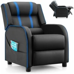 DREAMADE Fauteuil Inclinable Enfant 3-12 Ans Avec Repose-Pieds Réglables Fauteuil Relax Rembourré En Cuir Avec 2 Poches Latérales Chaise Longue Ergonomique Hauteur Dssise 35,5 CM (Bleu)