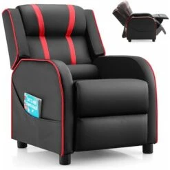 DREAMADE Fauteuil Inclinable Enfant 3-12 Ans Avec Repose-Pieds Réglables Fauteuil Relax Rembourré En Cuir Avec 2 Poches Latérales Chaise Longue Ergonomique Hauteur Dssise 35,5 CM (Rouge)