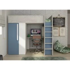 Lit Mezzanine Kyle Pour Un Enfant Bleu Fumé Blanc Mat Et Chêne Avec Armoire Et Bureau Bleu, Chêne Et Blanc