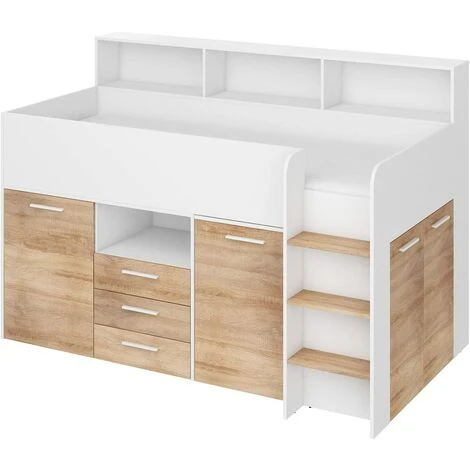 Lit Armoire Tiroir Enfants Neo Cm206x120x138h Chêne Blanc 3 Lit Armoire Tiroir Enfants Neo Cm206x120x138h Chêne Blanc