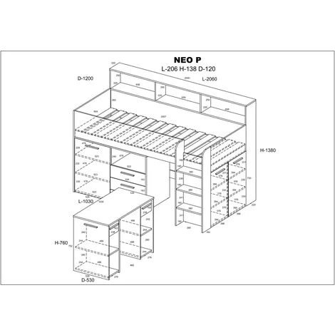 Lit Armoire Tiroir Enfants Neo Cm206x120x138h Chêne Blanc 4 Lit Armoire Tiroir Enfants Neo Cm206x120x138h Chêne Blanc – Image 2