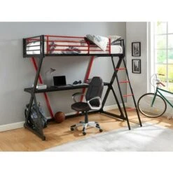 Lit Mezzanine 90 X 190 Cm - Avec Bureau - Métal - Noir Et Rouge - SUPIA