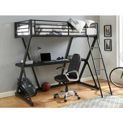 Lit Mezzanine 90 X 190 Cm - Avec Bureau - Métal - Noir + Matelas - SUPIA 4 Lit Mezzanine 90 X 190 Cm - Avec Bureau - Métal - Noir + Matelas - SUPIA – Image 2