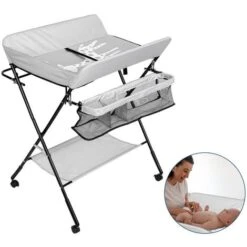 SWANEW Table à Langer Pliable Pour Bébé, Étagère à Langer Combinaison à Langer Réglable En Hauteur Avec Panier De Rangement Gris