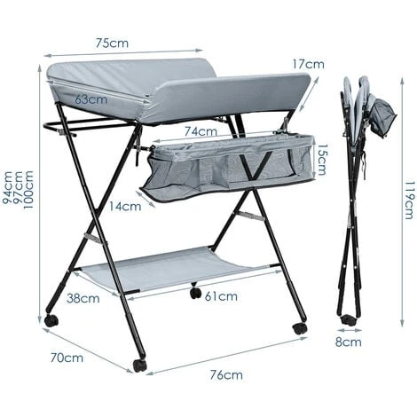 SWANEW Table à Langer Pliable Pour Bébé, Étagère à Langer Combinaison à Langer Réglable En Hauteur Avec Panier De Rangement Gris 4 SWANEW Table à Langer Pliable Pour Bébé, Étagère à Langer Combinaison à Langer Réglable En Hauteur Avec Panier De Rangement Gris – Image 2