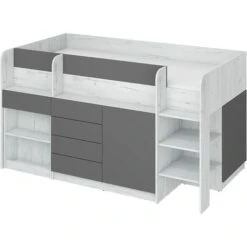 LIT MOBILE CASS. AVEC SMILE DESK P 204x 112x112cm CÔTÉ DROIT BLANC GRAPHITE BRUT