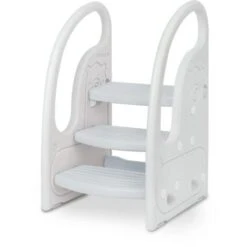 Marchepied Enfant 3 Marches Antidérapant Pour Apprentissage De La Propreté, Tabouret Bébé Gris Et Beige, Structure Triangulaire, Rehausseur Stable