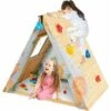 DREAMADE Cabane Enfant Exterieur En Bois Maison De Jeux Triangulaire Avec Mur D’Escalade Fenêtre Ouverte Ensemble De Jeux Multifonctionnel D'Activité Pour L'Intérieur/l'Extérieur (Naturel)