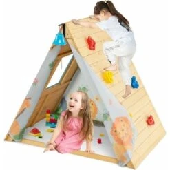 DREAMADE Cabane Enfant Exterieur En Bois Maison De Jeux Triangulaire Avec Mur D’Escalade Fenêtre Ouverte Ensemble De Jeux Multifonctionnel D'Activité Pour L'Intérieur/l'Extérieur (Naturel)