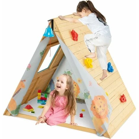 DREAMADE Cabane Enfant Exterieur En Bois Maison De Jeux Triangulaire Avec Mur D’Escalade Fenêtre Ouverte Ensemble De Jeux Multifonctionnel D'Activité Pour L'Intérieur/l'Extérieur (Naturel) 3 DREAMADE Cabane Enfant Exterieur En Bois Maison De Jeux Triangulaire Avec Mur D’Escalade Fenêtre Ouverte Ensemble De Jeux Multifonctionnel D'Activité Pour L'Intérieur/l'Extérieur (Naturel)