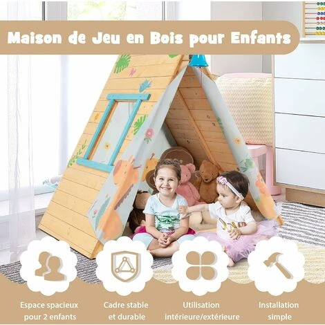DREAMADE Cabane Enfant Exterieur En Bois Maison De Jeux Triangulaire Avec Mur D’Escalade Fenêtre Ouverte Ensemble De Jeux Multifonctionnel D'Activité Pour L'Intérieur/l'Extérieur (Naturel) 4 DREAMADE Cabane Enfant Exterieur En Bois Maison De Jeux Triangulaire Avec Mur D’Escalade Fenêtre Ouverte Ensemble De Jeux Multifonctionnel D'Activité Pour L'Intérieur/l'Extérieur (Naturel) – Image 2