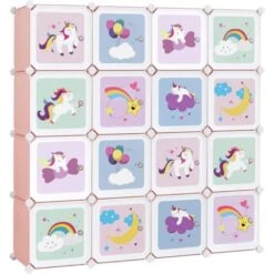 Songmics Meuble Rangement Enfant 16 Cubes, Armoire Modulable Avec Portes, Étagère En Plastique, Pour Jouets, Vêtements, Chaussures, Sacs D'École, 123 X 31 X 123 Cm, Rose LPC906P01