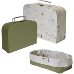 Lot De 2 Valisettes En Carton FSC 100% + 1 Organiseur En Polycoton Offert - Motif Imprimé Desert Journey - Vert Et Blanc - Taille M&L