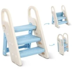 Marchepied Pliable Pour Enfant Bébé Avec 3 Marches Antidérapant, Rehausseur Stable, Hauteur Réglable, Multifonction Avec Poignées Sécurité Pr Salle De Bain, Bleu Et Beige