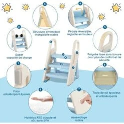 Marchepied Pliable Pour Enfant Bébé Avec 3 Marches Antidérapant, Rehausseur Stable, Hauteur Réglable, Multifonction Avec Poignées Sécurité Pr Salle De Bain, Bleu Et Beige -ATMOSPHERA || Songmics Soldes Boutique 90786082 3