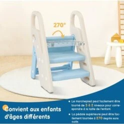 Marchepied Pliable Pour Enfant Bébé Avec 3 Marches Antidérapant, Rehausseur Stable, Hauteur Réglable, Multifonction Avec Poignées Sécurité Pr Salle De Bain, Bleu Et Beige -ATMOSPHERA || Songmics Soldes Boutique 90786082 4