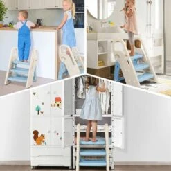 Marchepied Pliable Pour Enfant Bébé Avec 3 Marches Antidérapant, Rehausseur Stable, Hauteur Réglable, Multifonction Avec Poignées Sécurité Pr Salle De Bain, Bleu Et Beige -ATMOSPHERA || Songmics Soldes Boutique 90786082 5