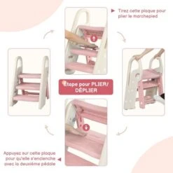 Marchepied Pliable Pour Enfant Bébé Avec 3 Marches Antidérapant, Rehausseur Stable, Hauteur Réglable, Multifonction Avec Poignées Sécurité Pr Salle De Bain, Rose Et Beige -ATMOSPHERA || Songmics Soldes Boutique 90786084 3