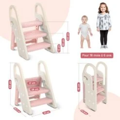 Marchepied Pliable Pour Enfant Bébé Avec 3 Marches Antidérapant, Rehausseur Stable, Hauteur Réglable, Multifonction Avec Poignées Sécurité Pr Salle De Bain, Rose Et Beige -ATMOSPHERA || Songmics Soldes Boutique 90786084 4