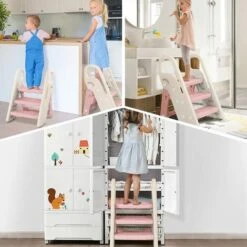 Marchepied Pliable Pour Enfant Bébé Avec 3 Marches Antidérapant, Rehausseur Stable, Hauteur Réglable, Multifonction Avec Poignées Sécurité Pr Salle De Bain, Rose Et Beige -ATMOSPHERA || Songmics Soldes Boutique 90786084 5