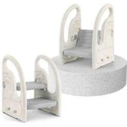 Marchepied Pour Enfant Bébé Avec 2 Marches Antidérapant, Réglable En Hauteur, Marche Pied Multifonction Stable Avec Poignées, De 1.5 à 5 Ans, Gris