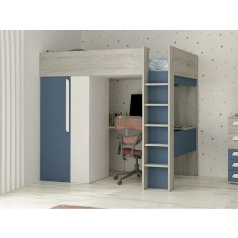 Lit Mezzanine 90 X 200 Cm Avec Armoire Et Bureau - Bleu Et Blanc - NICOLAS 4 Lit Mezzanine 90 X 200 Cm Avec Armoire Et Bureau - Bleu Et Blanc - NICOLAS – Image 2