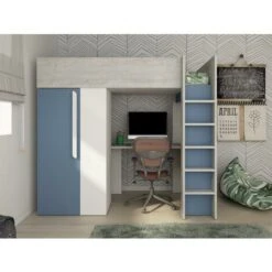 Lit Mezzanine 90 X 200 Cm Avec Armoire Et Bureau - Bleu Et Blanc + Matelas - NICOLAS -ATMOSPHERA || Songmics Soldes Boutique 91926766 3