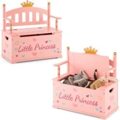 COSTWAY 2 En 1 Coffre à Jouets Pour Enfants Avec Motif De Couronne & De Princesse, Banc De Rangement Avce Dossier & Accoudoirs, Espace De Stockage, Charnière De Sécurité, 60 X 30 X 63 Cm, 3 Ans+