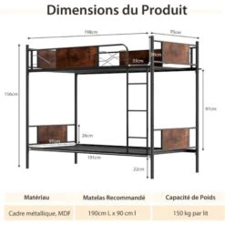 COSTWAY Lit Superposé En Métal 90x190CM, 2 Lits Simples Détachables Pour Adulte Enfant Avec Échelle, Garde-Corps, Dispositif Anti-basculement, Style Industriel, Pour Chambre à Coucher, Dortoir -ATMOSPHERA || Songmics Soldes Boutique 95980001 5