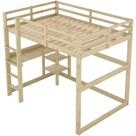 Lit Mezzanine 140 X 200 Cm Avec Bureau Et étagères, Cadre En Bois De Pin, Naturel 4 Lit Mezzanine 140 X 200 Cm Avec Bureau Et étagères, Cadre En Bois De Pin, Naturel – Image 2