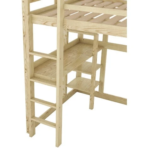 Lit Mezzanine 140 X 200 Cm Avec Bureau Et étagères, Cadre En Bois De Pin, Naturel 5 Lit Mezzanine 140 X 200 Cm Avec Bureau Et étagères, Cadre En Bois De Pin, Naturel – Image 3