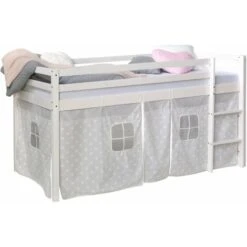 Lit Mezzanine 90x200cm Avec échelle En Bois Blanc Avec Tissu Gris étoile