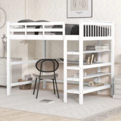 Lit Mezzanine 140x200 Avec Bureau Et étagère De Rangement, Lit Enfant En Bois, Blanc
