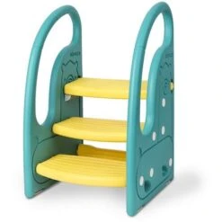 Marchepied Enfant 3 Marches Antidérapant Pour Apprentissage De La Propreté, Tabouret Bébé Vert Et Jaune, Structure Triangulaire, Rehausseur Stable