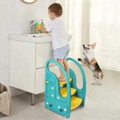 Marchepied Enfant 3 Marches Antidérapant Pour Apprentissage De La Propreté, Tabouret Bébé Vert Et Jaune, Structure Triangulaire, Rehausseur Stable -ATMOSPHERA || Songmics Soldes Boutique 97996376 5