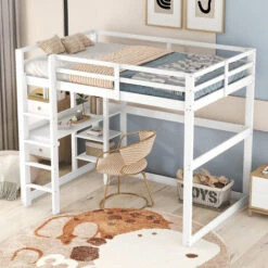Lit Mezzanine 140x200cm, Avec Bureau Et étagère De Rangement, Lit Adulte Ou Enfant, Cadre En Bois De Pin, Sommier à Lattes, Blanc -ATMOSPHERA || Songmics Soldes Boutique 98550705 3