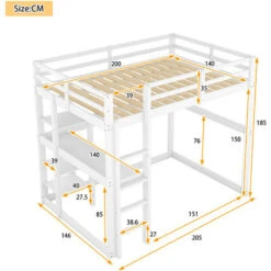 Lit Mezzanine 140x200cm, Avec Bureau Et étagère De Rangement, Lit Adulte Ou Enfant, Cadre En Bois De Pin, Sommier à Lattes, Blanc -ATMOSPHERA || Songmics Soldes Boutique 98550705 5